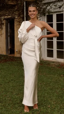 Eden One Shoulder Tie Front Maxi Dress - Champagne