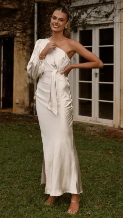 Eden One Shoulder Tie Front Maxi Dress - Champagne