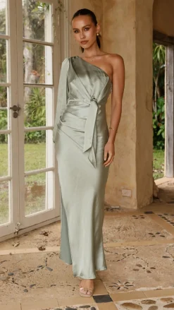 Eden One Shoulder Tie Front Maxi Dress - Sage