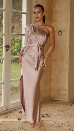 Eden One Shoulder Tie Front Maxi Dress - Dusty Pink