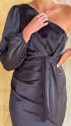 Eden One Shoulder Tie Front Maxi Dress - Black