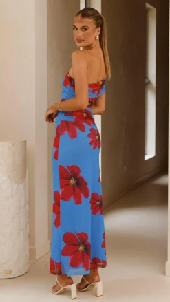 Eisa One Shoulder Maxi Dress - Blue / Red Floral