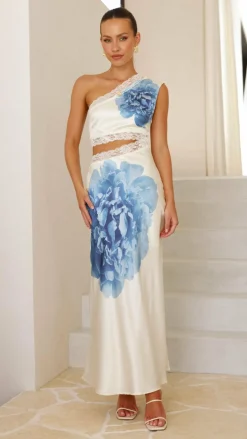Emily One Shoulder Maxi Dress - Ivory / Blue