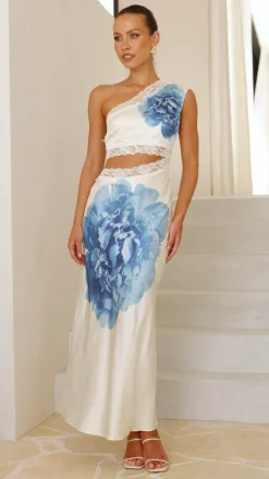 Emily One Shoulder Maxi Dress - Ivory / Blue