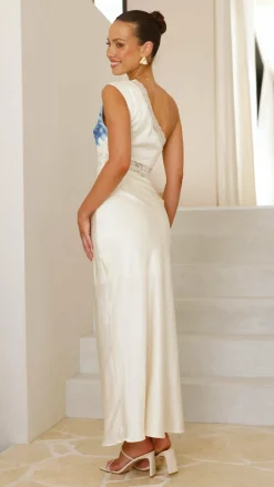 Emily One Shoulder Maxi Dress - Ivory / Blue