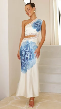 Emily One Shoulder Maxi Dress - Ivory / Blue