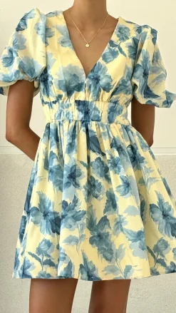 Erin Mini Dress - Yellow / Blue Floral