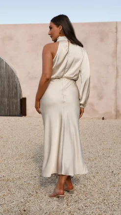 Esther One Shoulder Long Sleeve Dress - Champagne