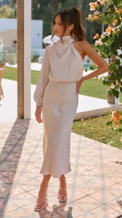 Esther One Shoulder Long Sleeve Dress - Champagne