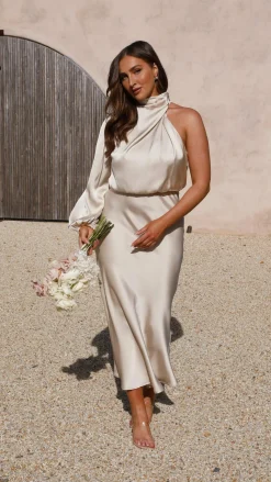 Esther One Shoulder Long Sleeve Dress - Champagne