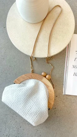 Etta Tweed Timber Frame Clutch - White