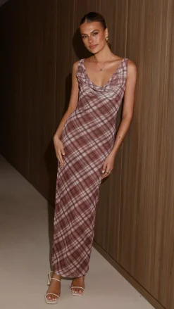 Harena Off Shoulder Maxi Dress - Brown Plaid Print