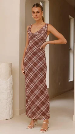 Harena Off Shoulder Maxi Dress - Brown Plaid Print