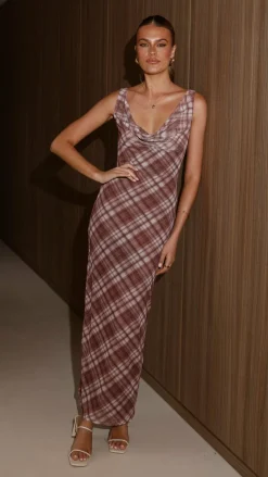 Harena Off Shoulder Maxi Dress - Brown Plaid Print