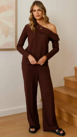 Harini Off Shoulder Long Sleeve Top and Pants Set - Chocolate
