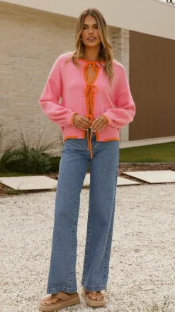 Hazina Tie Long Sleeve Knit Top - Pink / Orange