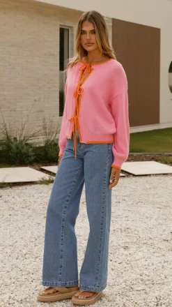 Hazina Tie Long Sleeve Knit Top - Pink / Orange