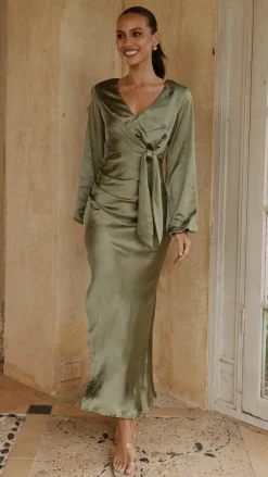 Ivy Long Sleeve Tie Front Maxi Dress - Olive