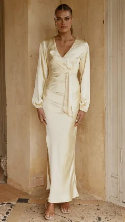 Ivy Long Sleeve Tie Front Maxi Dress - Yellow