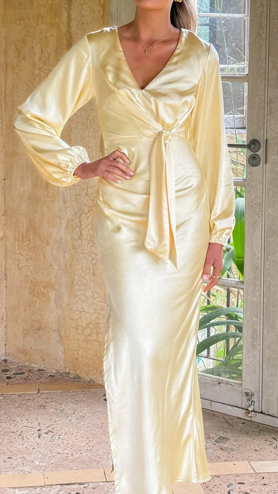 Ivy Long Sleeve Tie Front Maxi Dress - Yellow