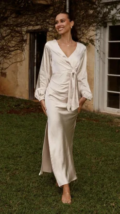 Ivy Long Sleeve Tie Front Maxi Dress - Champagne