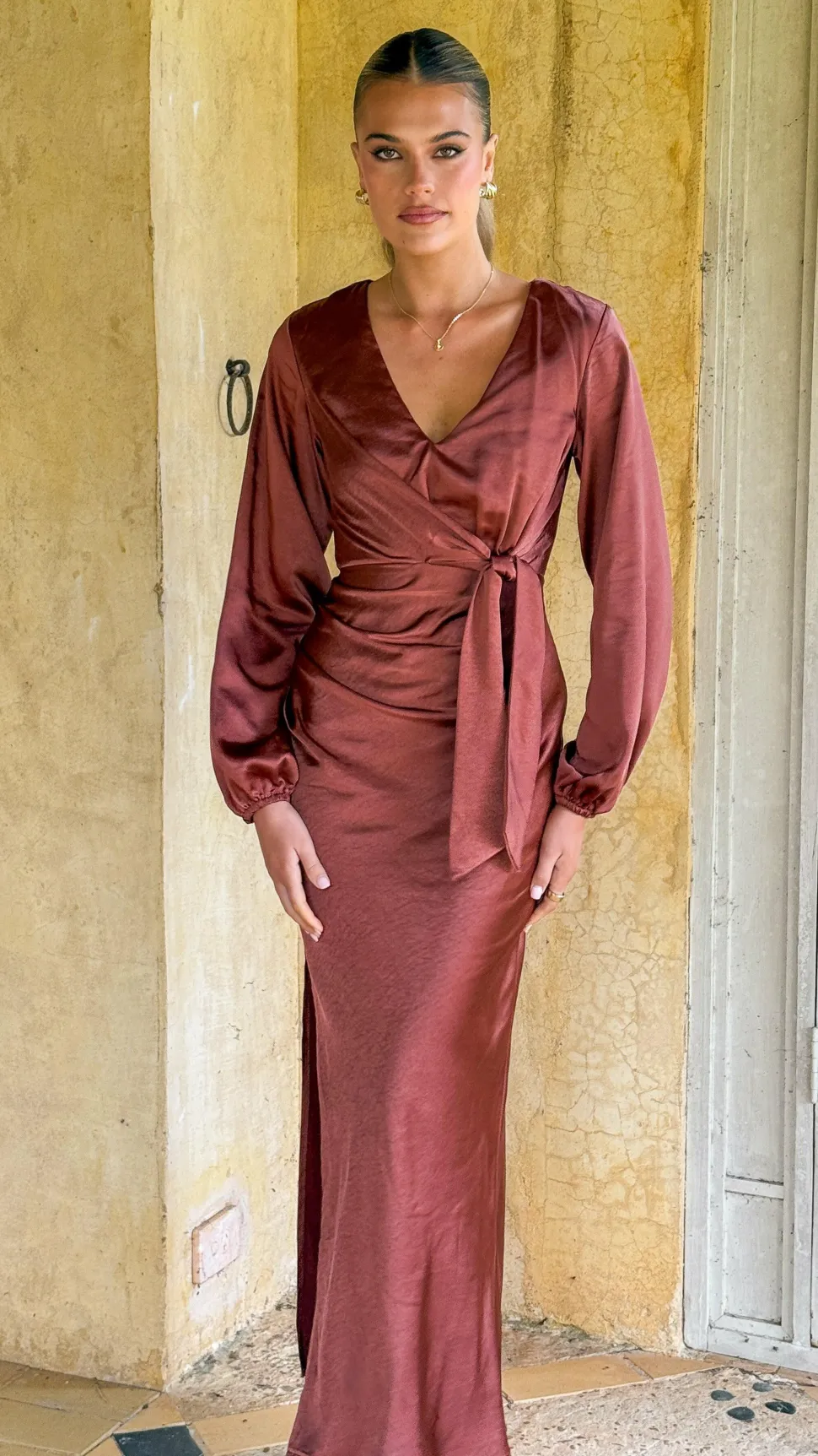 Ivy Long Sleeve Tie Front Maxi Dress - Rust