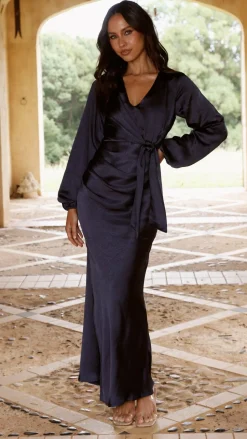 Ivy Long Sleeve Tie Front Maxi Dress - Navy