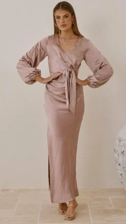 Ivy Long Sleeve Tie Front Maxi Dress - Dusty Pink