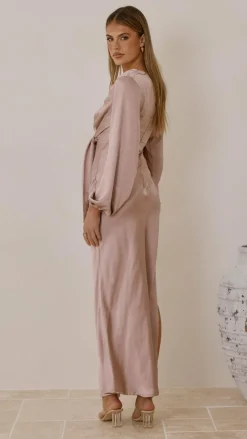 Ivy Long Sleeve Tie Front Maxi Dress - Dusty Pink