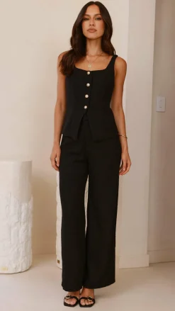 Karrina Tweed Button Up Vest and Pants Set - Black