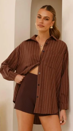 Kloa Button Up Top - Brown Pinstripe