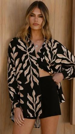 Koa Button Up Top - Black/Tan Print
