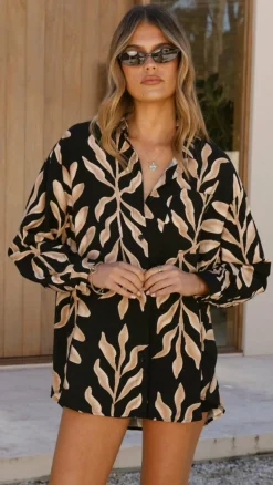 Koa Button Up Top - Black/Tan Print