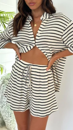 Lacole Button Up Shirt and Shorts Set - Beige / Black Stripe