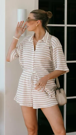 Lacole Button Up Shirt and Shorts Set - White / Beige Stripe