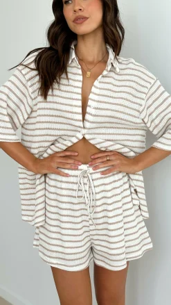 Lacole Button Up Shirt and Shorts Set - White / Beige Stripe
