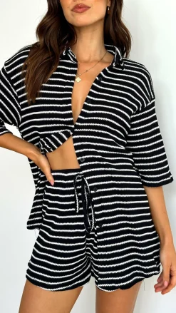 Lacole Button Up Shirt and Shorts Set - Black / White Stripe