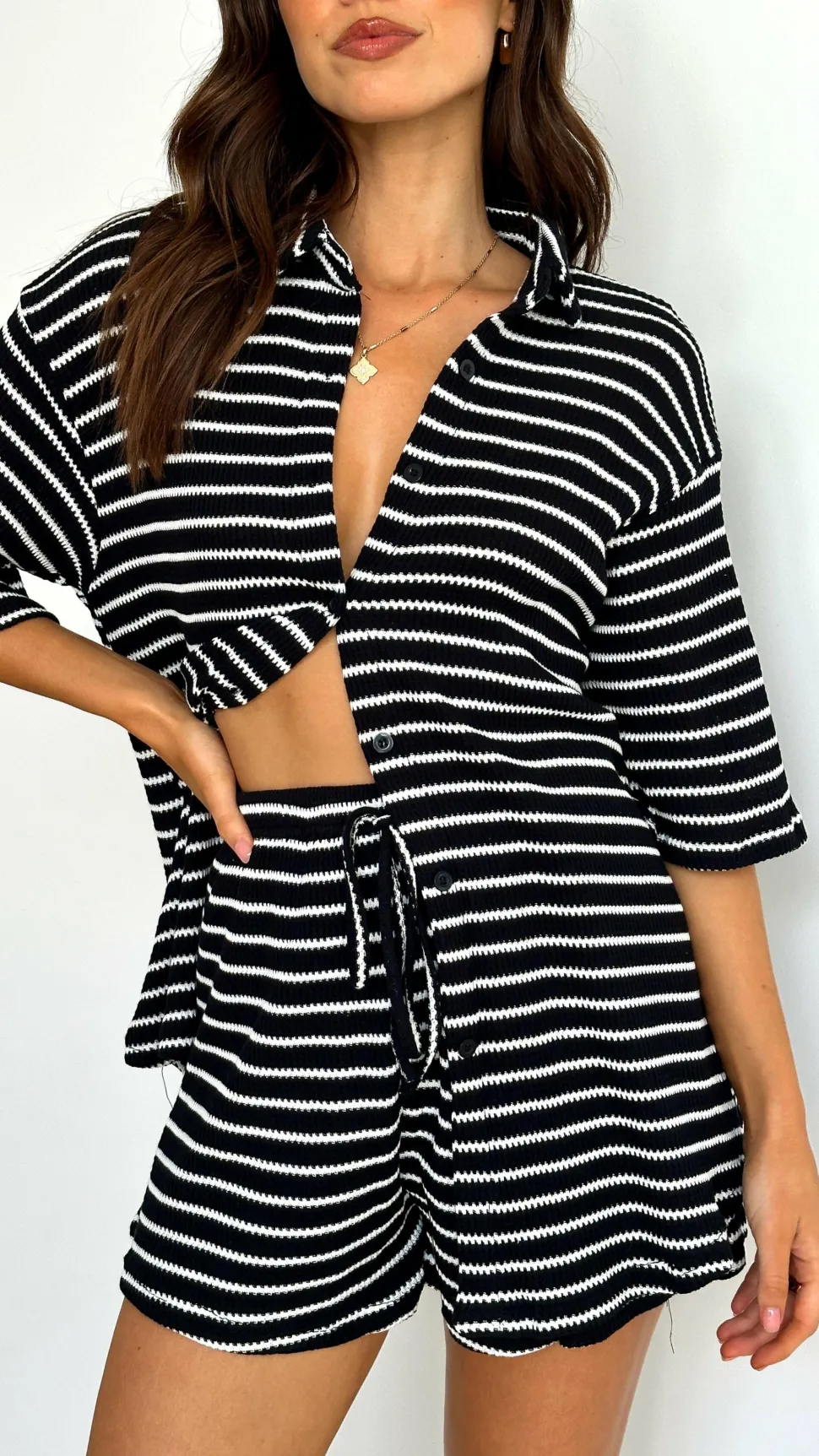 Lacole Button Up Shirt and Shorts Set - Black / White Stripe