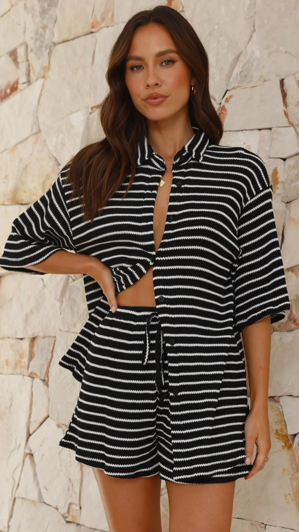 Lacole Button Up Shirt and Shorts Set - Black / White Stripe