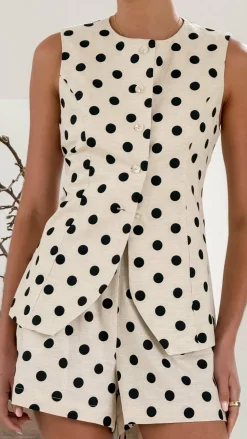 Laolani Button Up Vest Top - Oat Black Polka