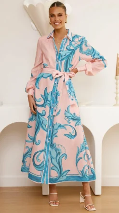 Lucia Long Sleeve Maxi Dress - Aqua/Pink Print