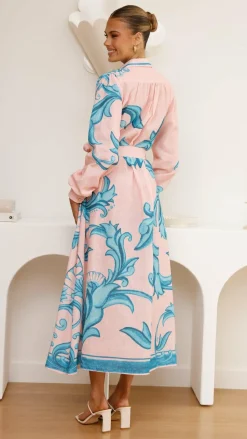 Lucia Long Sleeve Maxi Dress - Aqua/Pink Print