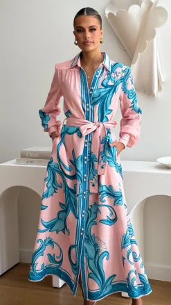 Lucia Long Sleeve Maxi Dress - Aqua/Pink Print
