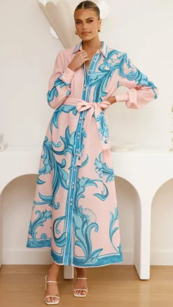 Lucia Long Sleeve Maxi Dress - Aqua/Pink Print