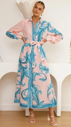 Lucia Long Sleeve Maxi Dress - Aqua/Pink Print