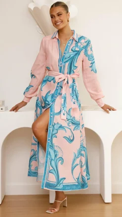 Lucia Long Sleeve Maxi Dress - Aqua/Pink Print
