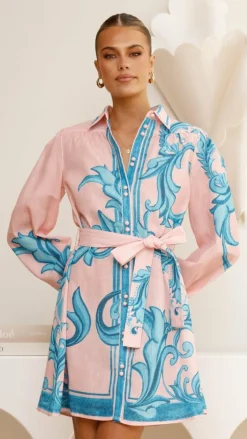 Lucia Long Sleeve Mini Dress - Aqua/Pink Print