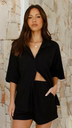 Machiko Button Up Shirt and Shorts Set - Black Waffle Knit