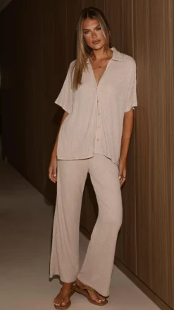 Madian Button Up Shirt and Pants Set - Taupe