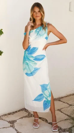 Maisy Shoulder Tie Midi Dress - Blue Teal